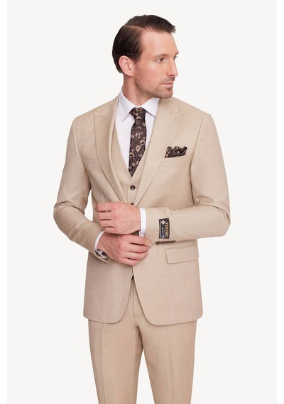 Erkek Bej Slim Fit Sivri Yaka Takım Elbise