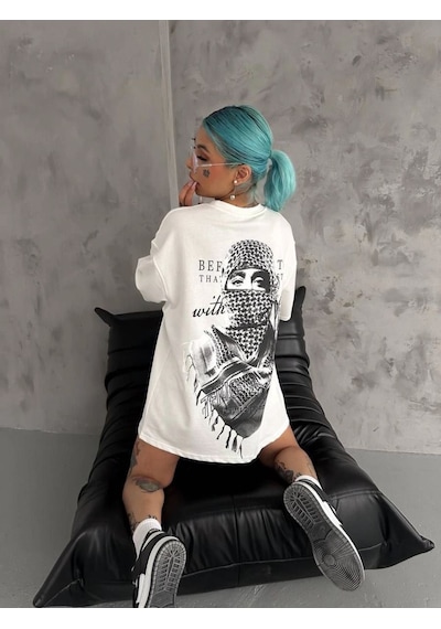 Kadın Kısa Kol Tişört Bisiklet Yaka Filistin Poşülü Baskılı T-shirt - Beyaz
