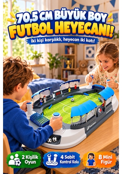 Büyük Boy Masaüstü Futbol Oyunu 70,5 Cm 2 Kişilik 4 Kontrollü Mini Stadyum 8 Figürlü Çocuk Oyun Seti