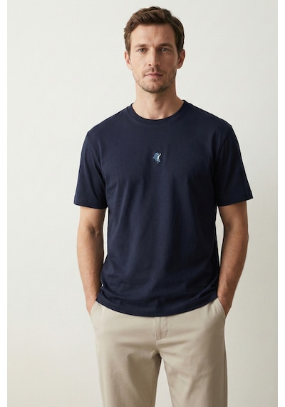 Elemge Pamuk Compact Penye Süprem Yunus Nakışlı Trend Fit Erkek Tok Kumaş T-shirt Rahat Kesim Lacivert 2XL