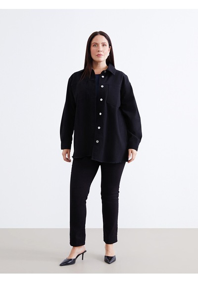 Lcwaıkıkı Classic Siyah Gömlek Yaka Oversize Kadın Jean Ceket