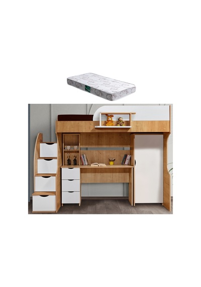 Ranza, Litera Ranza Dolap Çalışma Masası Açık Ceviz-Beyaz + 1 Adet Comfort Yatak 90 x 190 Cm Ranza, Litera Ranza Dolap Çalışma Masası Açık Ceviz-Beyaz + 1 Adet Comfort Yatak 90 x 190 Cm