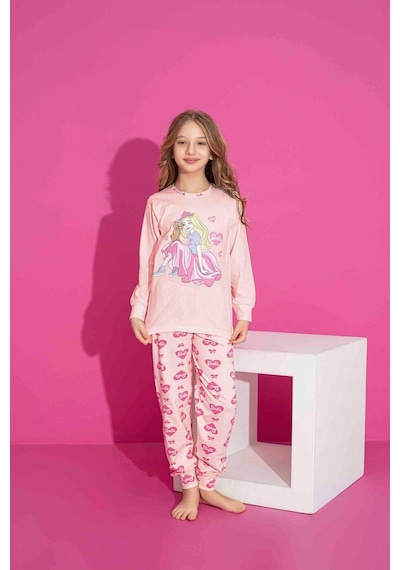 Kız Çocuk Desenli Uzun Kollu Pijama Takımı-957 Pembe
