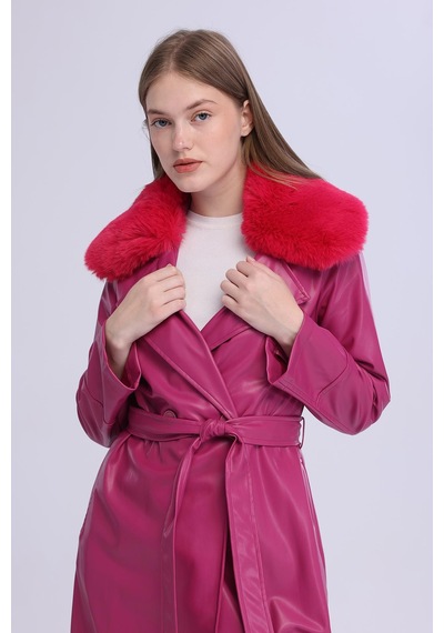 Selectmoda Kadın Peluş Yaka Deri Görünümlü Uzun Kaban Pembe