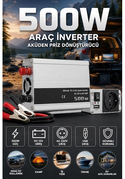 Bay 500w 12v Akü İnverteri 220v Ac Çıkışlı Usb Portlu Fanlı Güç Dönüştürücü Araç Karavan Kullanımı Na
