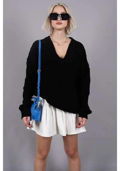 Madmext Siyah Oversize V Yaka Triko Kazak Mg1440 Siyah
