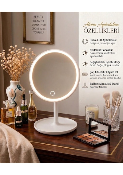 Led Işıklı Dimmerli Usb Şarjlı Dokunmatik Makyaj Aynası Beyaz - 3 Renk Işık Modu 360 Döner Masaüstü Ayna Yuvarlak