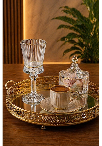 Heren Yaldızlı 6'lı Kristal Ayaklı Kahve Yanı Su Ve Meşrubat Bardağı 140ml Yaldızlı - Şeffaf
