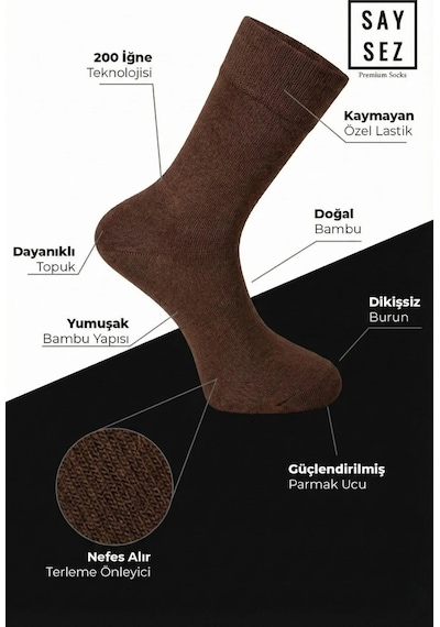 Saysez Bambu Erkek Soket Uzun Düz Beyaz-kahverengi-bej Renkli Çorap Dikişsiz Premium Kutulu 6'lı Karışık Renk
