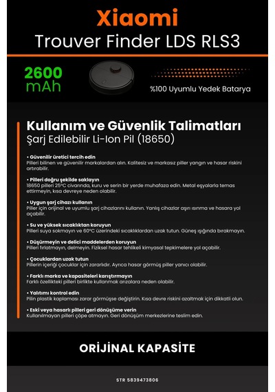 Xiaomi Trouver Finder Lds Rls3 2600mah Robot Süpürge Bataryası