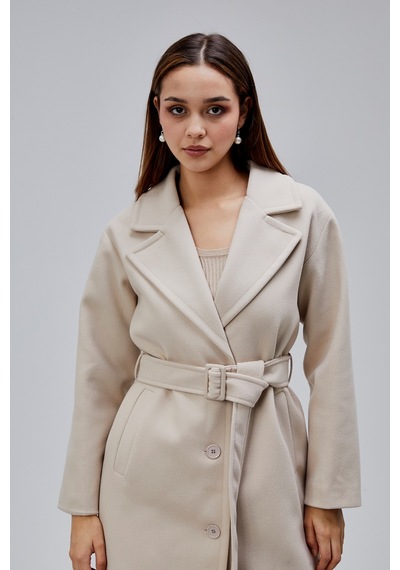 Bej Premium Oversize Kemerli Kaşe Kaban Bej
