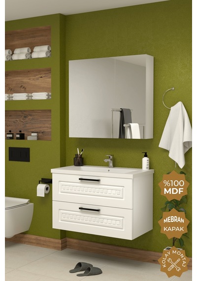 Teta Home Floransa 80 Cm Mdf Gövde Membran Kapak Banyo Dolabı Seti Beyaz