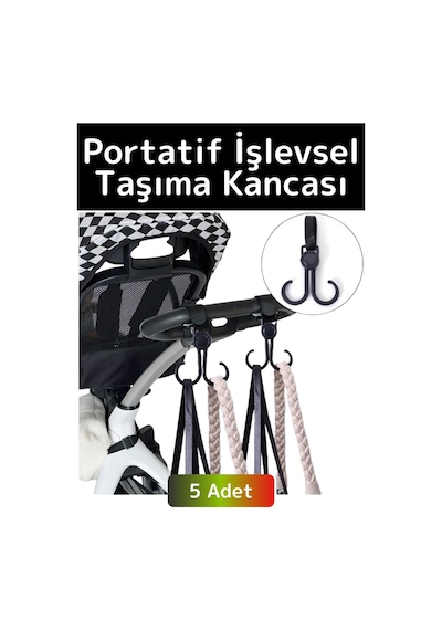 Premium Kompakt Poşet Taşıma Bisiklet Bebek Arabası Askısı Çok İşlevli Portatif Taşıma Kancası 5 Adt Çok Renkli