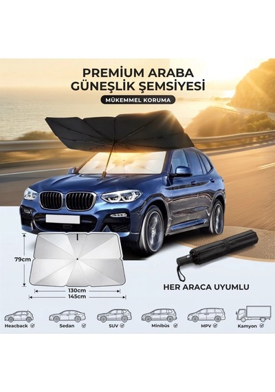 Premium Katlanabilir Araç Ön Cam Güneşliği Şemsiye Tipi Oto Güneşlik, Uv Korumalı Isı Yalıtımlı Ön