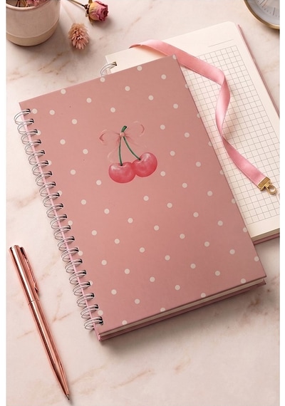 Kiraz Desenli Pembe Sert Kapak Spiralli Kareli Defter 17x24cm 120 Yaprak 1 Adet Not Defteri Okul Büro Ofis Defteri