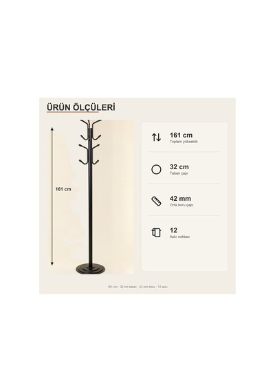 Viona 12 Askılı Metal Ayaklı Portmanto Siyah 161 Cm