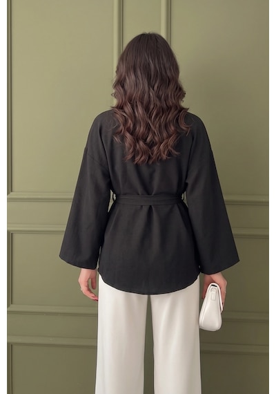 Koyu Siyah Kadın Kuşaklı Kimono 1177