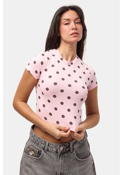 Kadın Pembe Puantiyeli S6-98 Crop Fit T-shirt