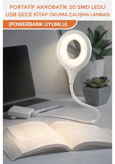 Ecuy Portatif Akrobatik Usb Led Okuma Ve Çalışma Lambası 20 Smd Led Powerbank Uyumlu 5000k Doğal Işık Beyaz