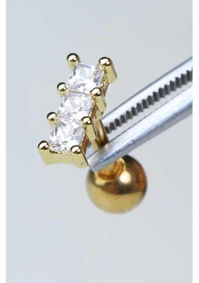 Tragus Piercing Çelik Renk Atmaz Baget Üçlü Taş Model Gold - 647619934 Gold