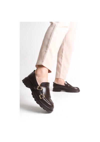 Sermoda Loafer Kadın Ayakkabı - Makosen Tokalı Casual Günlük Kadın Ayakkabı Rugan Kahve