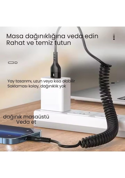 Polham 5a 66w Spiral Usb To Type C Şarj Ve Data Kablosu,1-1,5 Metre Kısayıp Uzayabilen Elastik Kablo 1 Adet