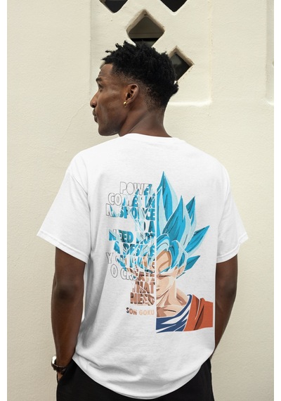 Dragon Ball Son Goku Sırt Baskılı Unisex Oversize Anime Tişört Beyaz