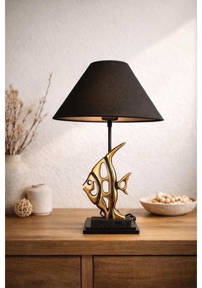 Ayrex Dekoratif Balık Figürlü Masa Lambası, Altın Tonlu, Siyah Kumaş Şapka, 47 Cm Yükseklik, Modern Sanatsal Tas Genel