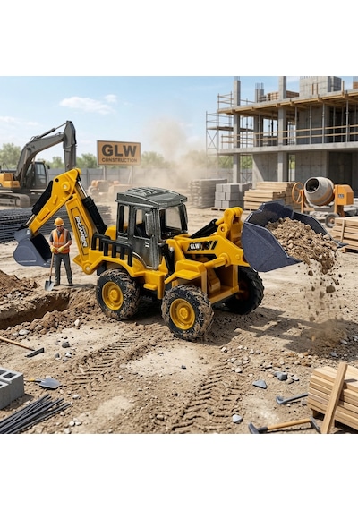 Diecast Oyuncak Metal İnşaat Araçları Çift Taraflı Dozer Kepçe Sürtmeli Kazıcı Ve Yükleyici Kutulu Sarı