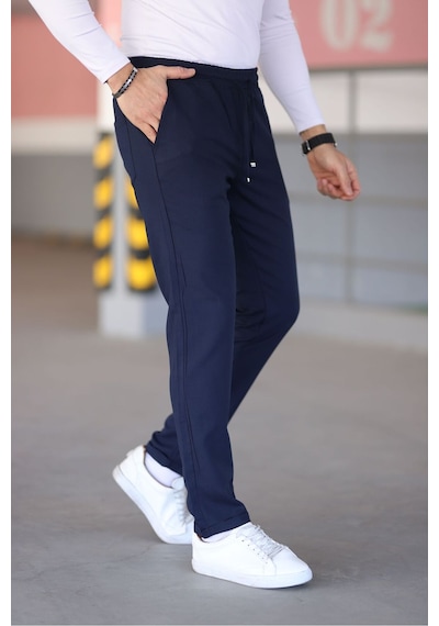 Bürke Erkek Lacivert Beli Lastikli Bağcıklı Esnek Fitted Jogger Pantolon Kumaş Pantolon