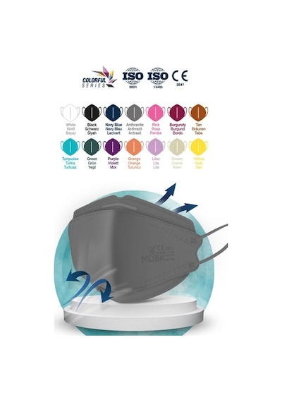 Musk Kf94 Kore Tipi N95 Maske 5 Renk 50 Adet (Lila, Sarı, Turkuaz