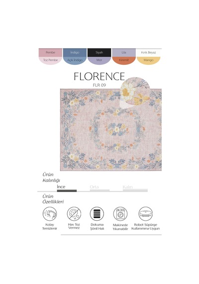 Cool Halı Florence Pembe Mavi Romantik Çiçek Desenli Yıkanabilir Dokuma Salon Oturma Odası Halısı
