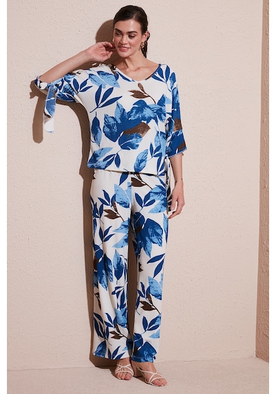 Lela Desenli Regular Fit Truvakar Kol V Yaka Alt-Üst Bayan Takım 5865357 Saks