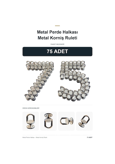 75 Adet - Metal Perde Halkası - Metal Korniş Ruleti Gümüş