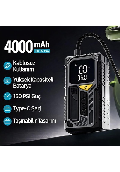 Tr Kablosuz Lastik Şişirme Pompası, 150 Psı Taşınabilir Hava Kompresörü, 4000 Mah Şarjlı Dijital Hava Basınç
