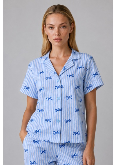 Mavi Kurdele Desenli Çizgili Bürümcük Pijama Takımı 4645-mavi