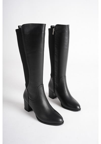 Analin Shoes Kadın Siyah Hakiki Deri Arkası Esnek Lastikli Topuklu Çizme