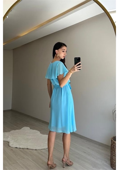 Neşeli Butik Kadın V Yaka Kuşaklı Mini Şifon Elbise Nm007 Bebe Mavisi