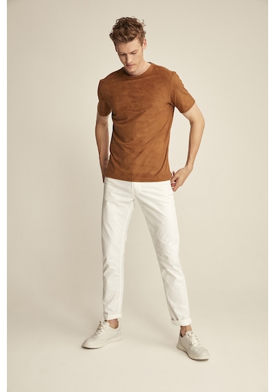 Grimelange ENZO Kahverengi Suet Erkek Basic Slim Fit T-shirt