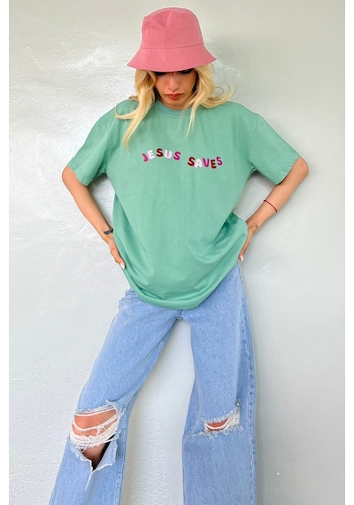 Mint Yeşili Baskılı Oversize Tişört Mg1517