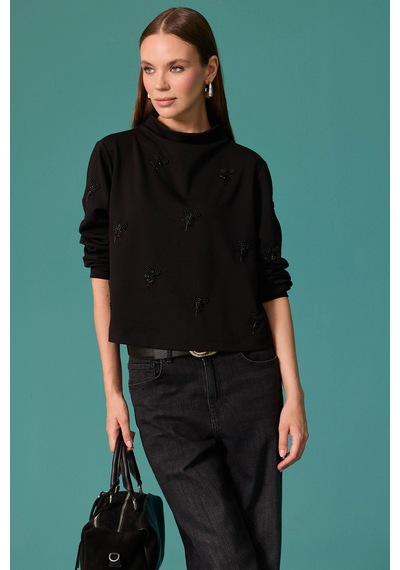 Seçil Kadın İnci Çiçek Detaylı Dik Yaka Sweatshirt Siyah