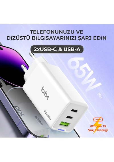 Bix BX3P66G GaN 65W Üç Portlu Şarj Cihazı Beyaz