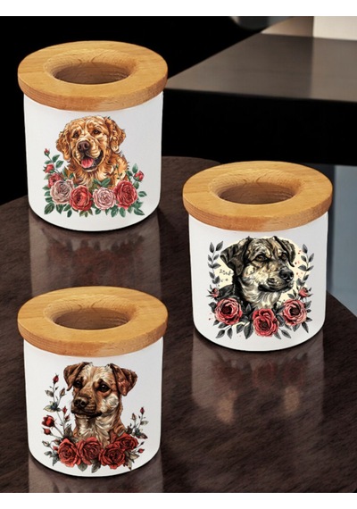 Çiçek Köpek Baskılı 3'lü Masa Üstü Kalemlik - Kalem Kutusu, Ofis Eşyası Hediyesi Beyaz