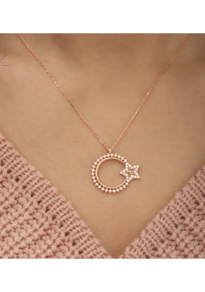 925 Ayar Zirkon Taşlı Ayyıldız Kadın Gümüş Kolye Rose Gold