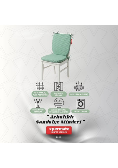 Pötikare Sırtlıklı Sandalye Minderi 42x42 Fermuarlı Yıkanabilir Kılıf Bağcıklı Minder Standart Fit