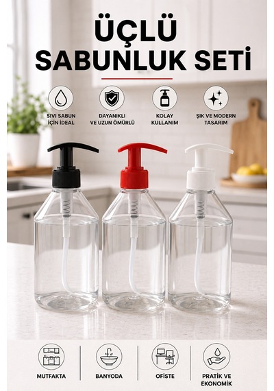 Sıvı Sabunluk Pompalı Şeffaf Dispenser 500 Ml Üçlü Set Şefaf