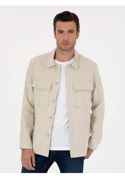 Cacharel Bej Slim Fit Keten Karışımlı Ceket Gömlek 15469610
