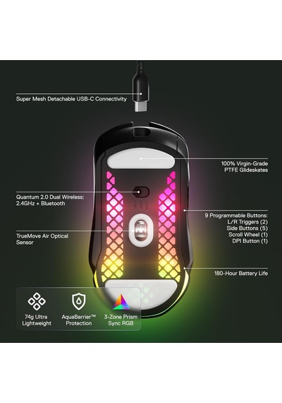 Aerox 5 Wireless Gaming Mouse - 74 Gram, 9 Tuşlu - Bluetooth/2,4 Ghz Ip54 Suya Ve Toza Dayanıklı - Pc/mac - Siyah