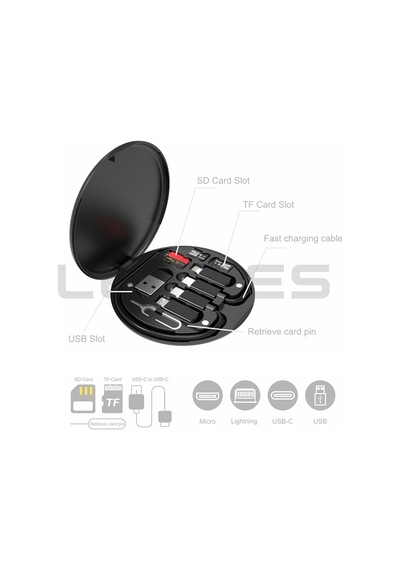 Lenyes Lb601 6in1 Type-c To Type-c Kablolu 60w Çevirici Adaptör Seti Standlı Saklama Kutusu Siyah