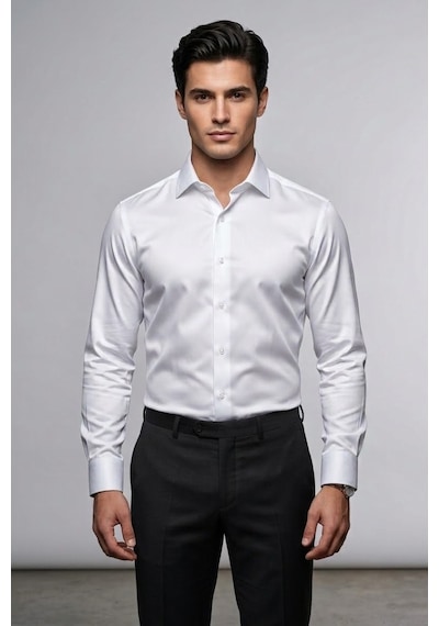 Torivalli Collection Dar Kesim Slimfit Saten Kolay Ütülenebilen Mevsimlik Cepsiz Uzun Kollu Kol Düğmesi Takılabilen Erkek Gömlek Beyaz